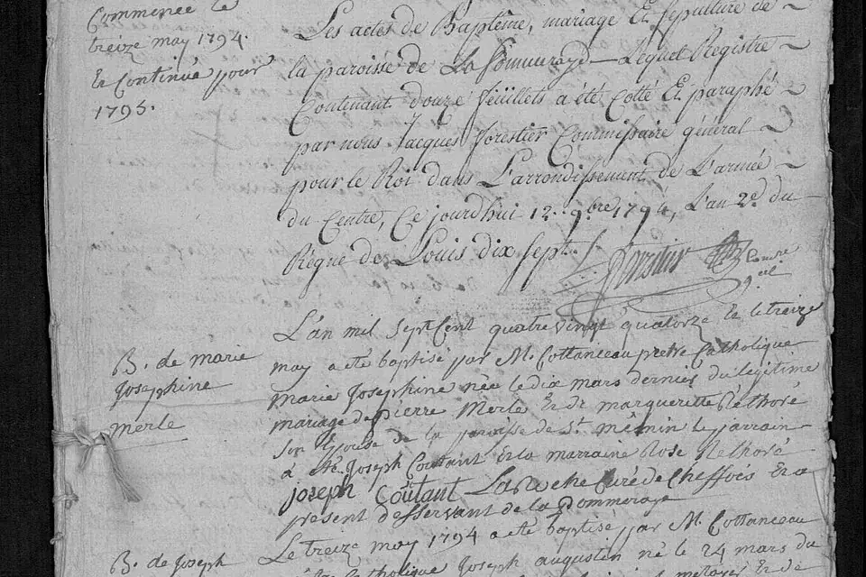 Page manuscrite jaunie d'un registre paroissial du XVIIIe siècle, couverte d'une écriture serrée à l'encre brune